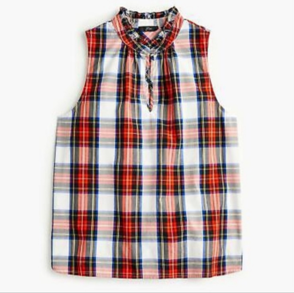 J. Crew Tartan Plaid Sleeveless Blouse Top Size 4 Ruffle Neck Holiday Preppy